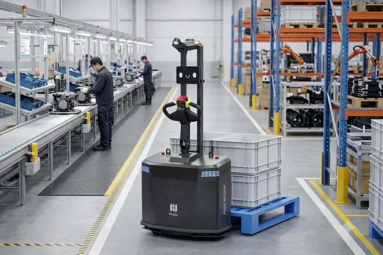 Le transpalette autonome PUDU MP2000 transporte une palette de composants dans une allée d'usine